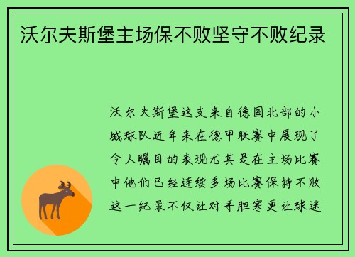 沃尔夫斯堡主场保不败坚守不败纪录