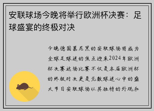 安联球场今晚将举行欧洲杯决赛：足球盛宴的终极对决
