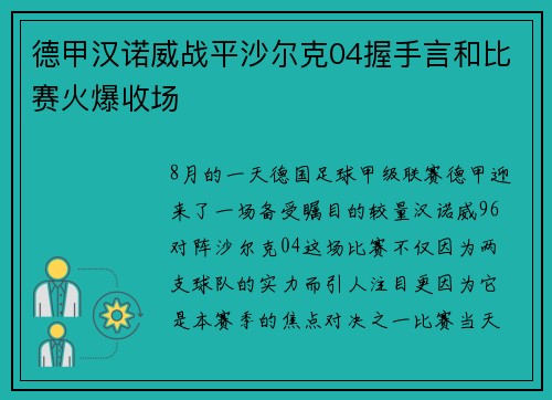 德甲汉诺威战平沙尔克04握手言和比赛火爆收场