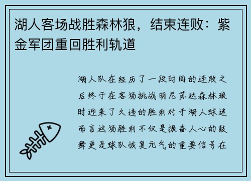 湖人客场战胜森林狼，结束连败：紫金军团重回胜利轨道