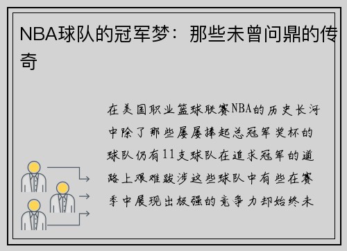 NBA球队的冠军梦：那些未曾问鼎的传奇