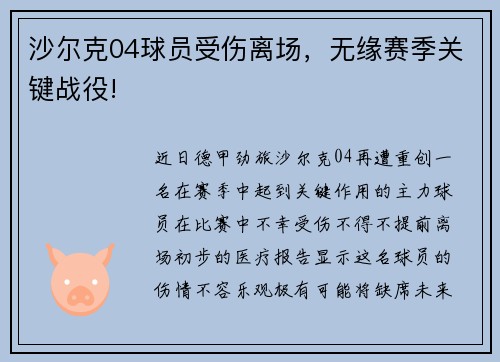 沙尔克04球员受伤离场，无缘赛季关键战役!